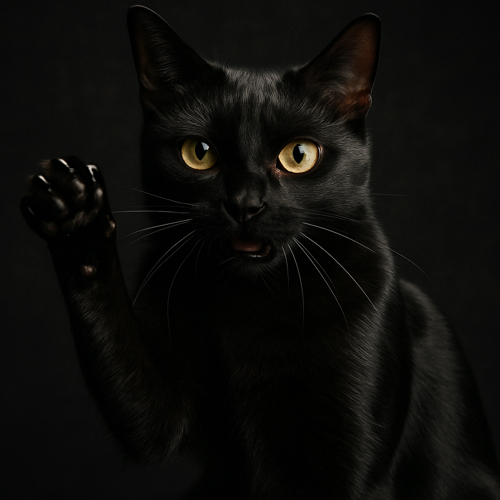 Black cat with bright eyes and a dramatic pose