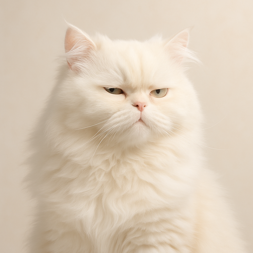 Fluffy white Persian cat with a skeptical squint