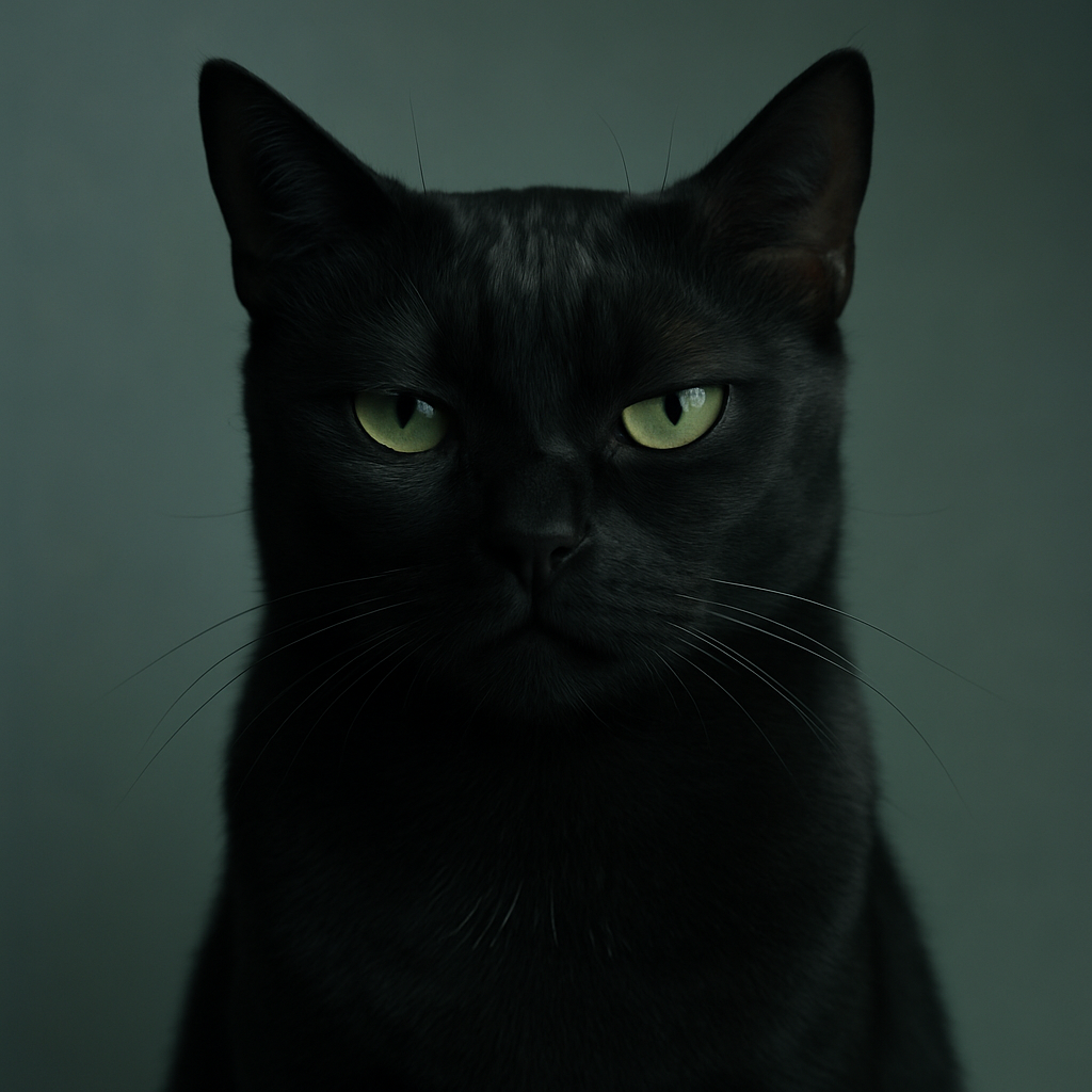 Black cat with green eyes and a flat unimpressed stare