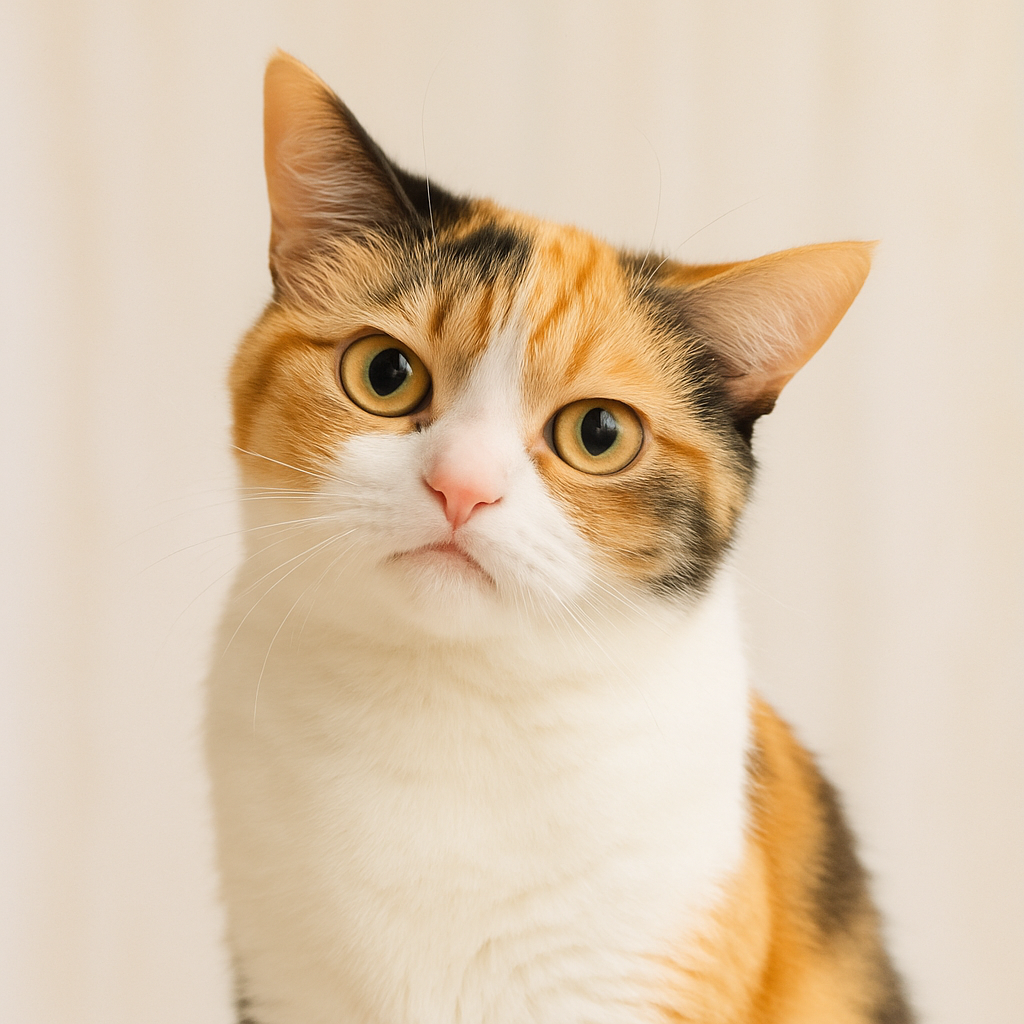 Calico cat with wide eyes and a disapproving tilt