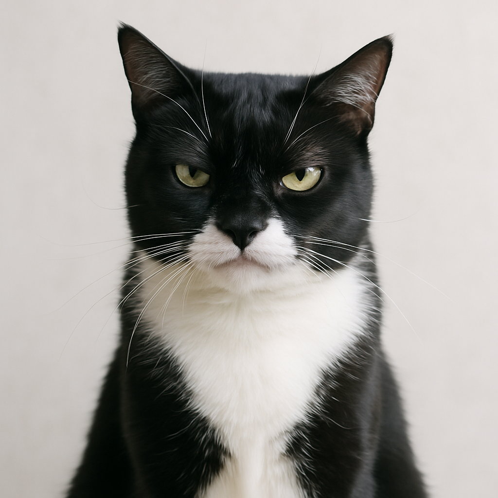 Skeptical tuxedo cat giving a judgmental stare