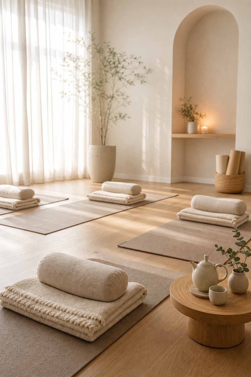 Warm naturally lit wellness studio with mats, soft textiles, and a serene restorative setup