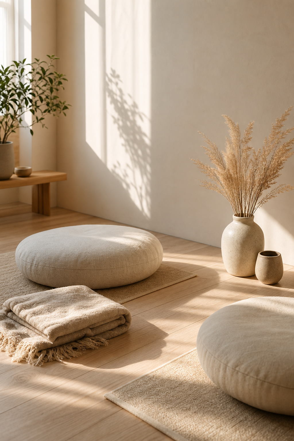 Sunlit corner of a calm wellness studio with natural textures and floor cushions