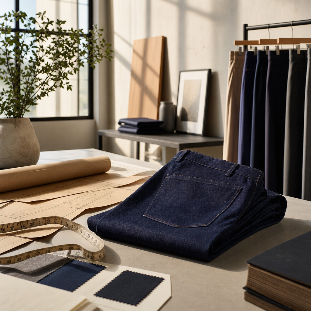 Sunlit fashion studio with a neutral-toned desk, pattern paper, and folded dark indigo pants
