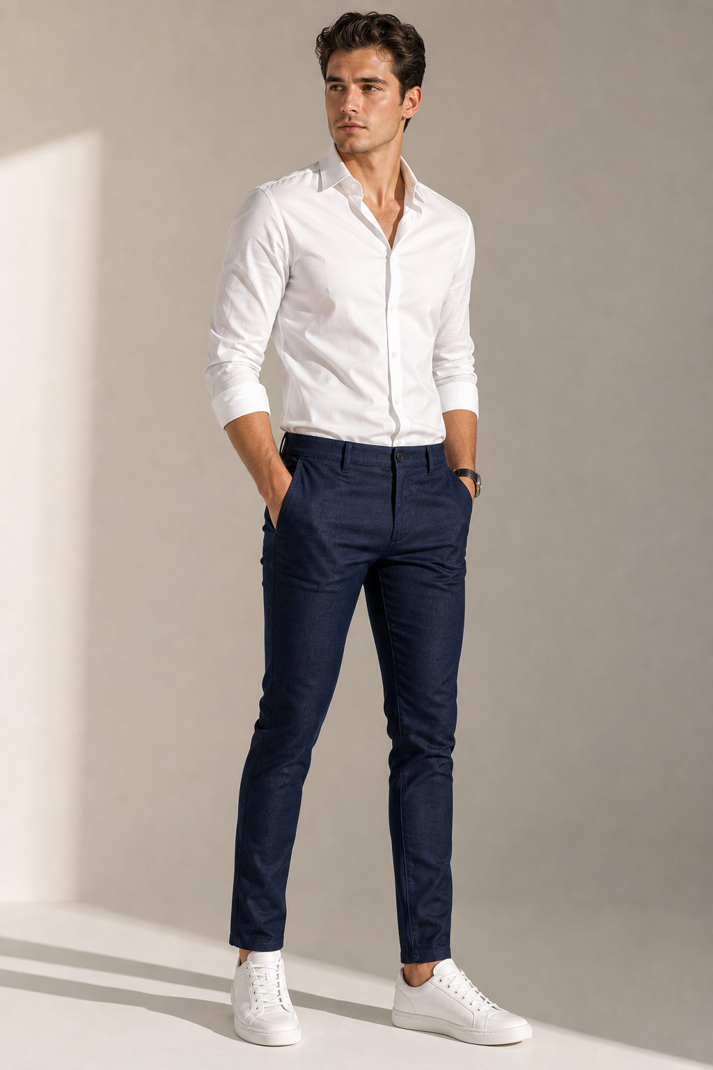 Model wearing dark indigo slim-fit pants with a crisp white shirt, standing in a minimal studio with soft directional light