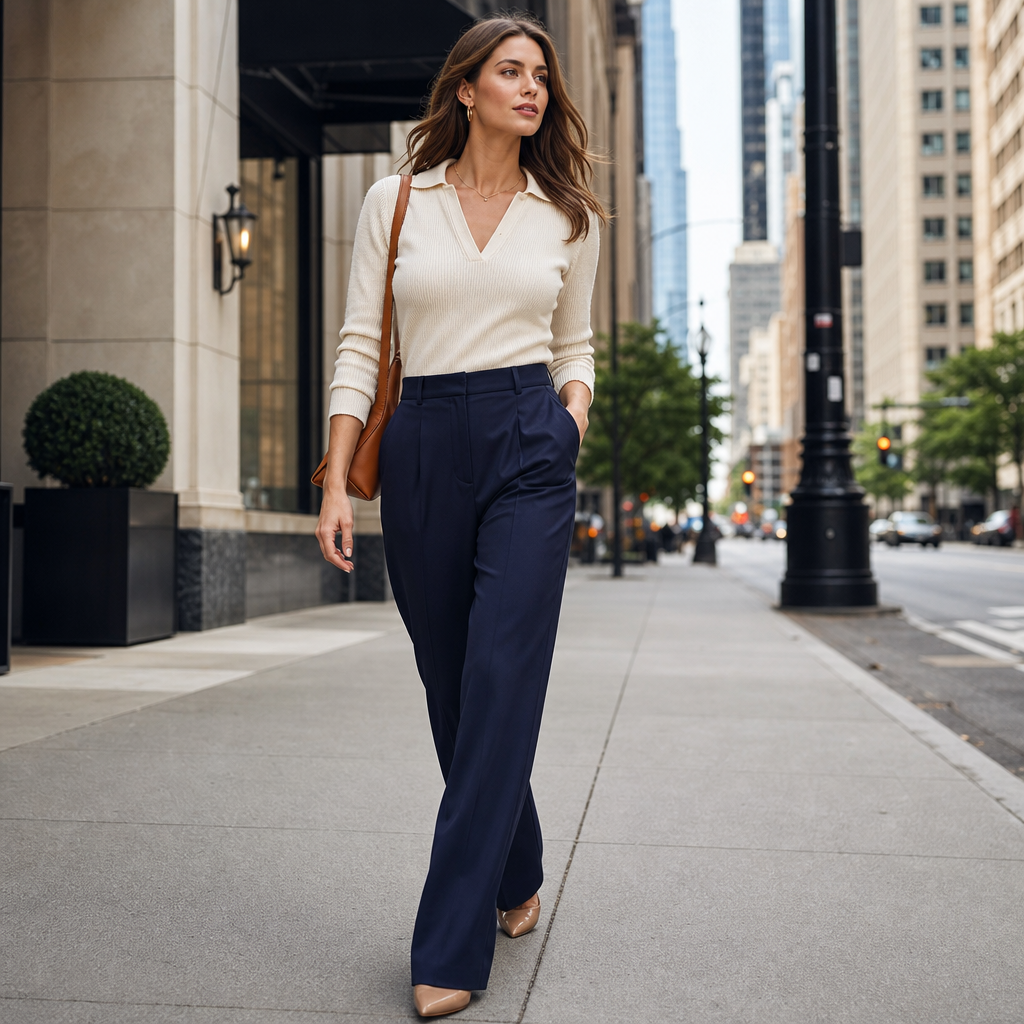 Stylish model walking in the city wearing high-rise tailored pants and a minimal knit top