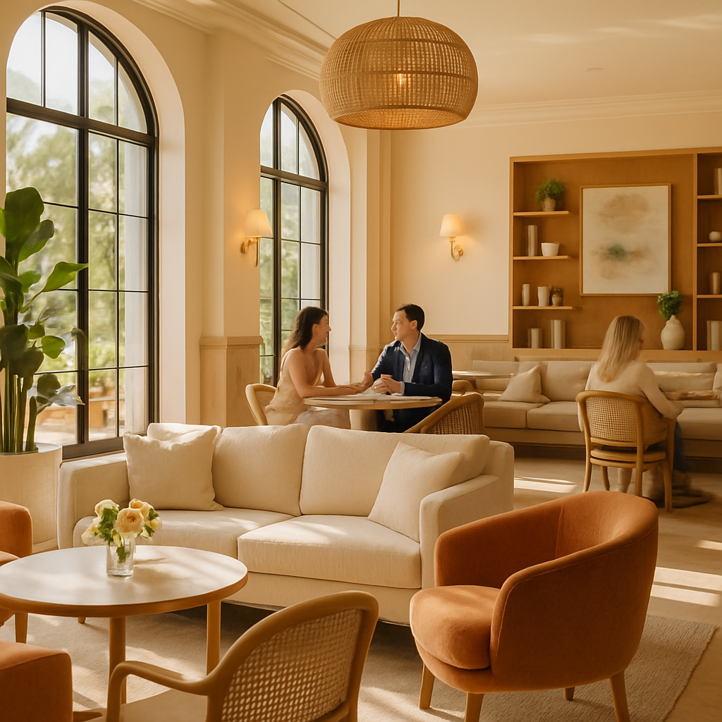 Elegant hotel lobby with warm ambient lighting, marble floors, modern lounge seating, and subtle gold accents