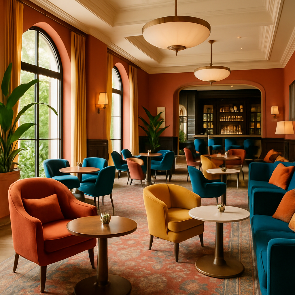 Bright, sophisticated private members-club lounge with plush seating, warm neutral tones, and refined luxury ambiance