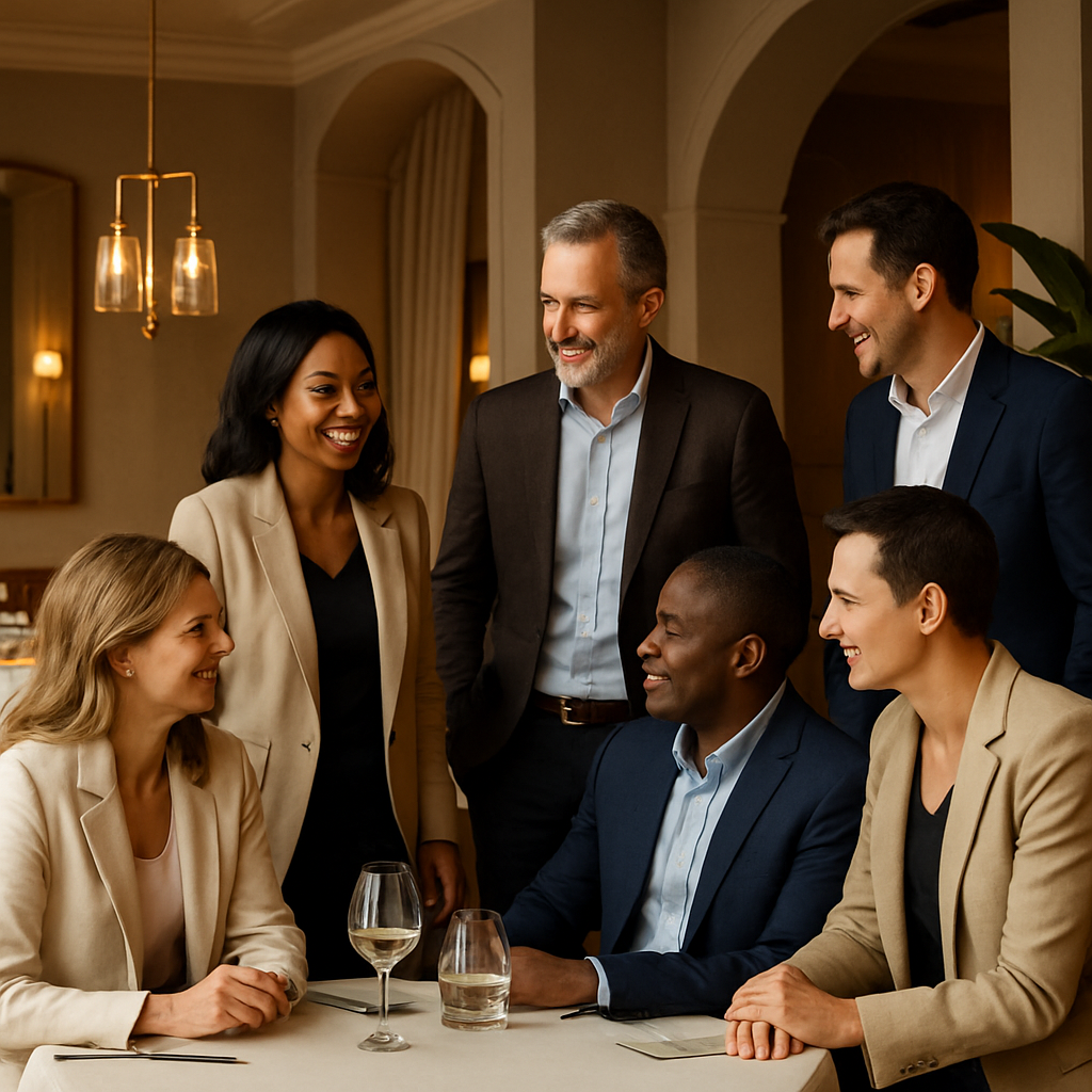 Close-up of an upscale dining table with a crystal cocktail glass, linen napkin, and elegant plated bite in warm ambient light