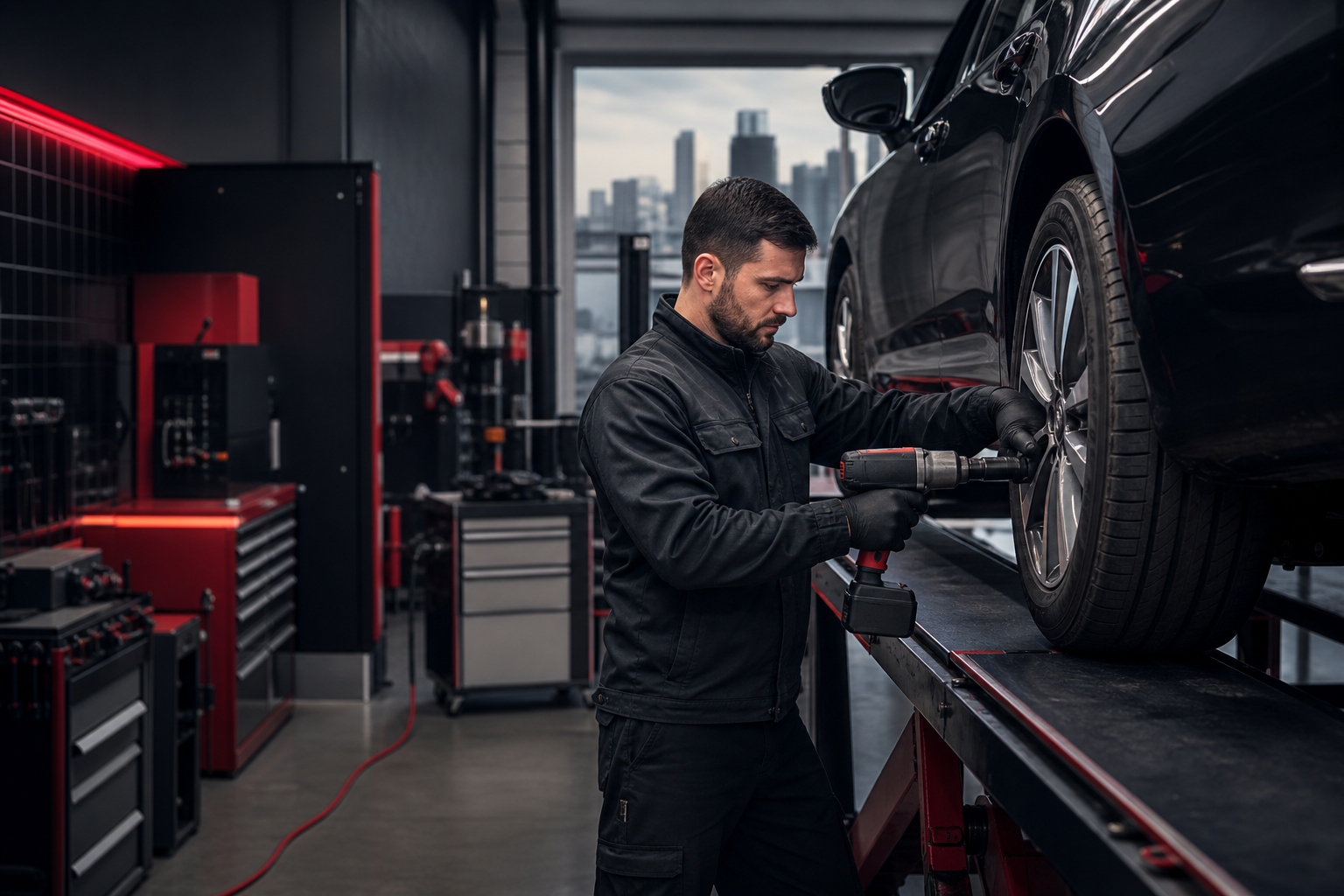 Experienced tire technician working on a vehicle in a modern Indianapolis auto bay