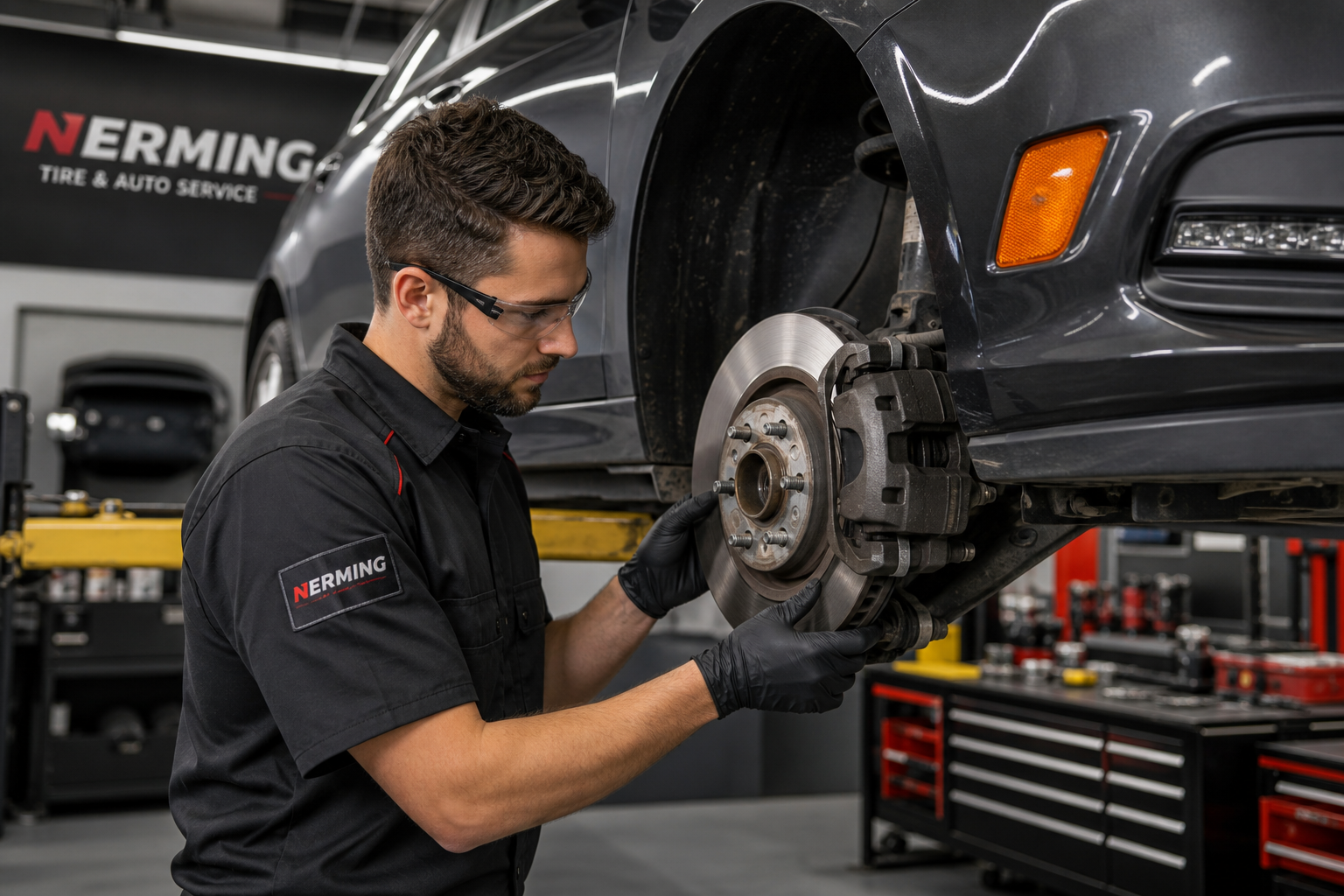 Certified automotive technician inspecting brake calipers and rotor on a modern sedan in a clean service bay
