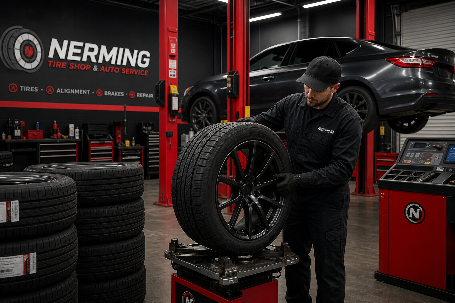 Modern tire shop service bay with red accent lifts, stacked tires, and a mechanic inspecting a wheel in a clean automotive workspace