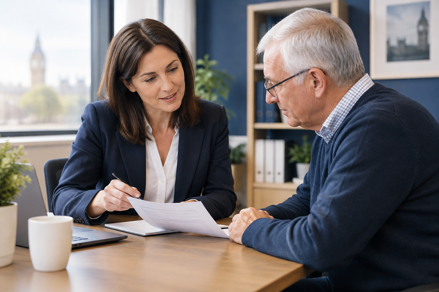 Professional claims adviser in a calm UK office consultation setting with a client