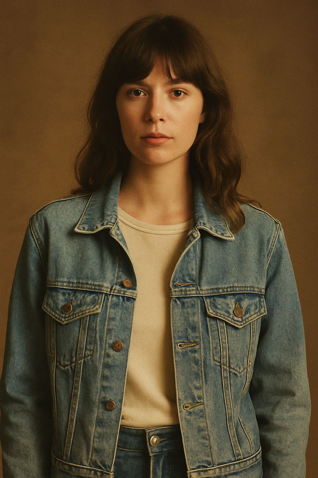 Retro studio photo of a model wearing a faded blue denim jacket over a cream tee, warm film lighting and soft grain