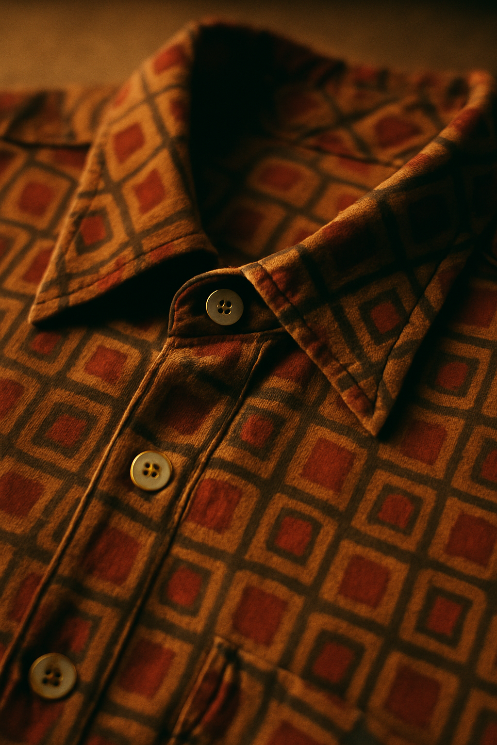 Close-up of a vintage rayon shirt with red and amber geometric print, buttons visible, warm boutique lighting