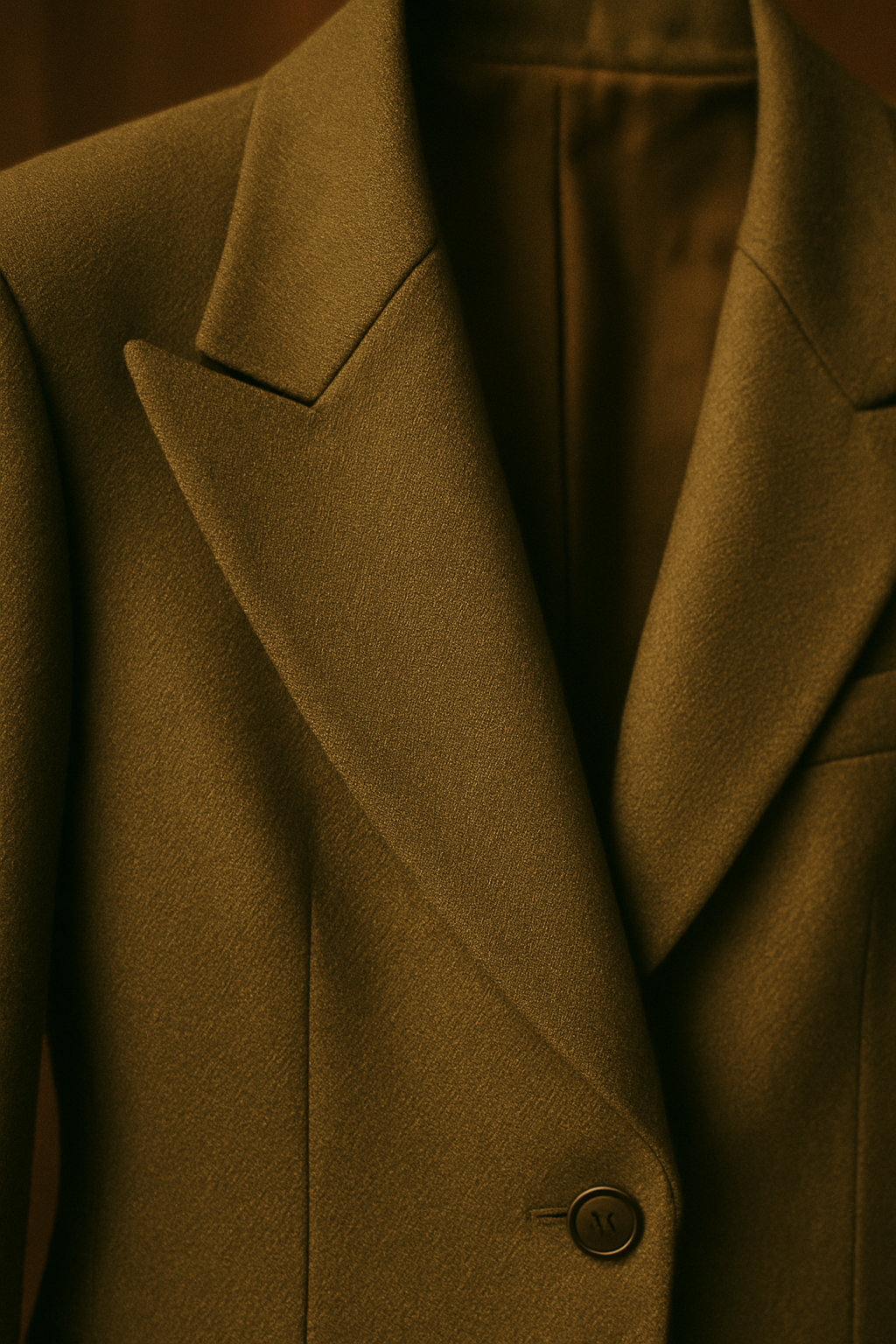 Detail shot of a structured 1980s blazer in deep olive with sharp lapels and textured fabric, cinematic warm tone
