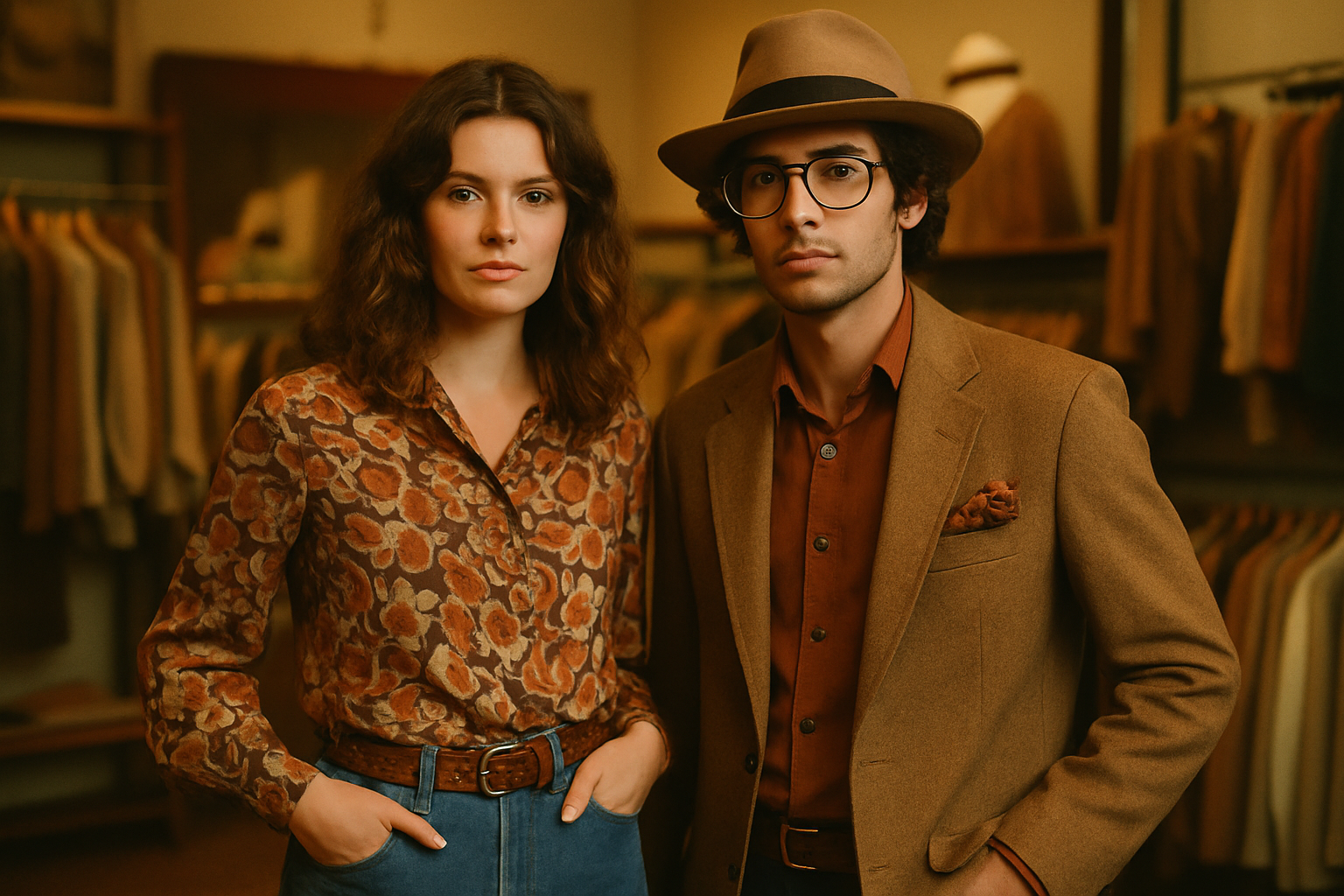 Stylish couple wearing 70s and 80s vintage outfits in a warm film photography editorial scene