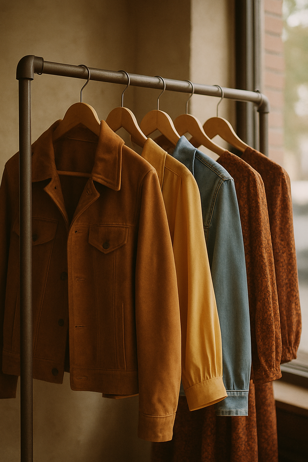Warm film-style photo of a curated vintage clothing rack with 70s and 80s garments in earthy tones