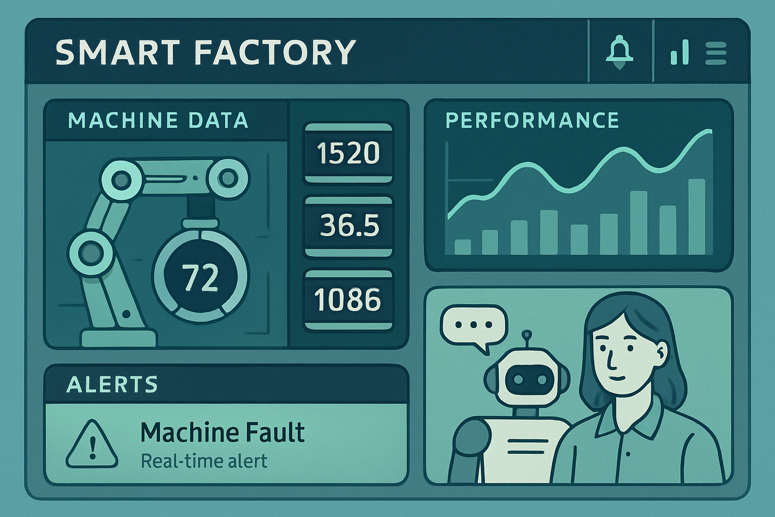 Conceptual illustration of a smart factory dashboard interface: digital machine data, performance graphs, real-time alerts, and a conversational AI panel, blending human and machine elements in a modern, clean, Industry 5.0 style.