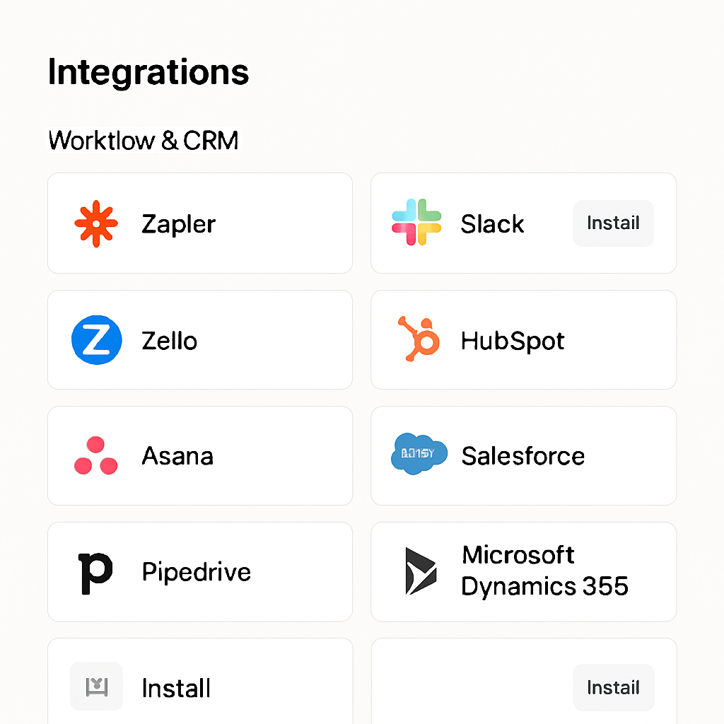 Screenshot of integrations page showing workflow and CRM plugins