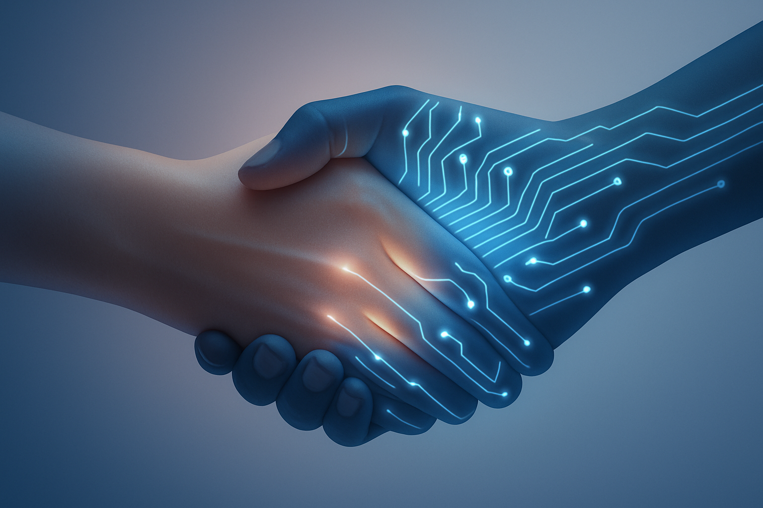 Futuristic human hand and AI circuitry merging in a glowing, trust-evoking composition symbolizing human-centered AI, empathetic automation, and human-AI collaboration.