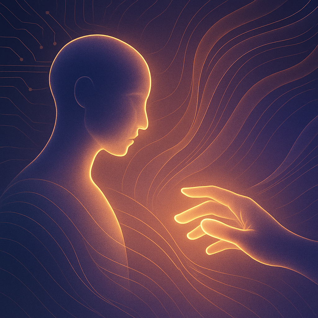 Abstract illustration of a humanoid AI silhouette and a human hand reaching toward each other, glowing with a soft, empathetic light. The background blends digital lines and organic curves to symbolize human-AI collaboration.