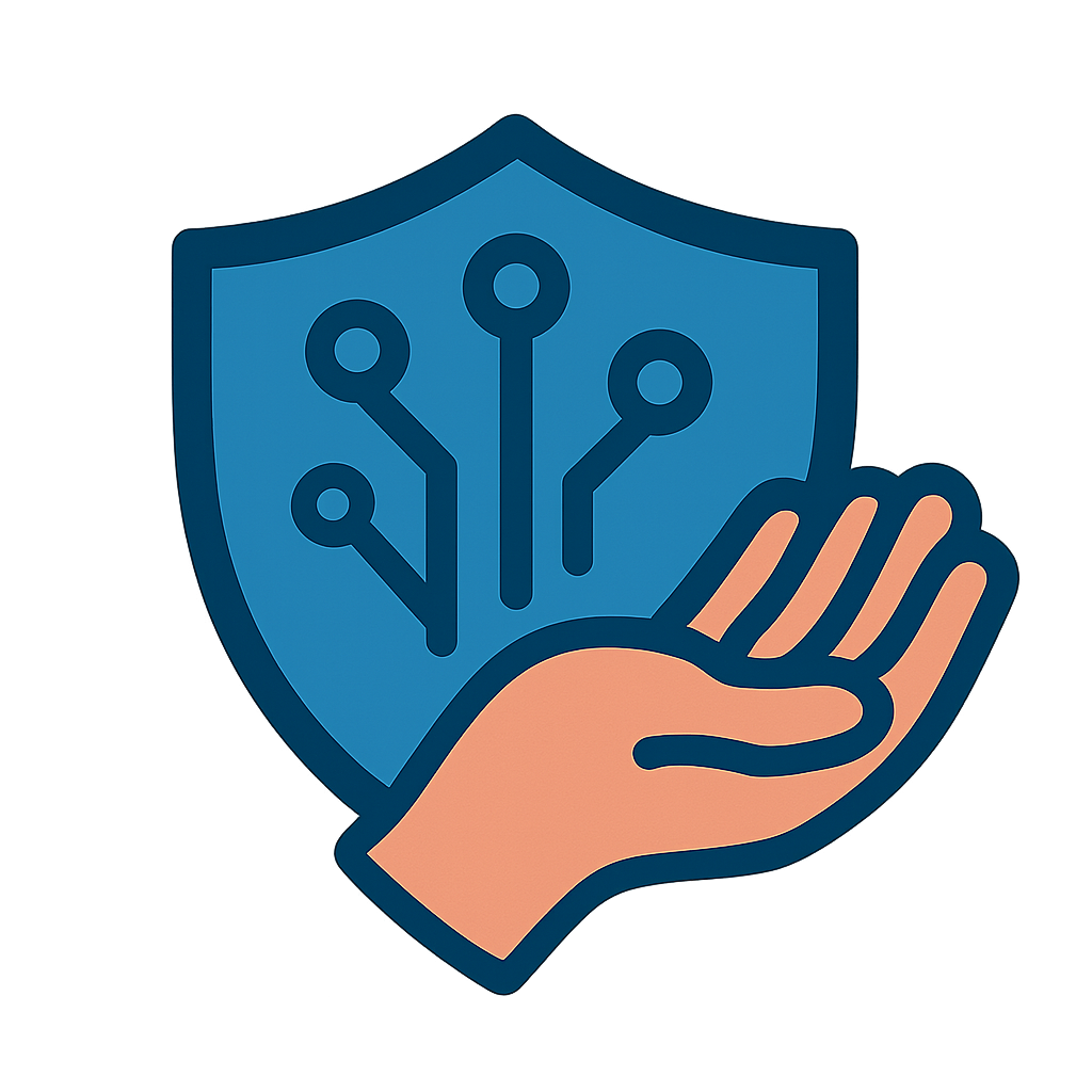 Fintech icon: digital shield with a human hand, representing trust and AI