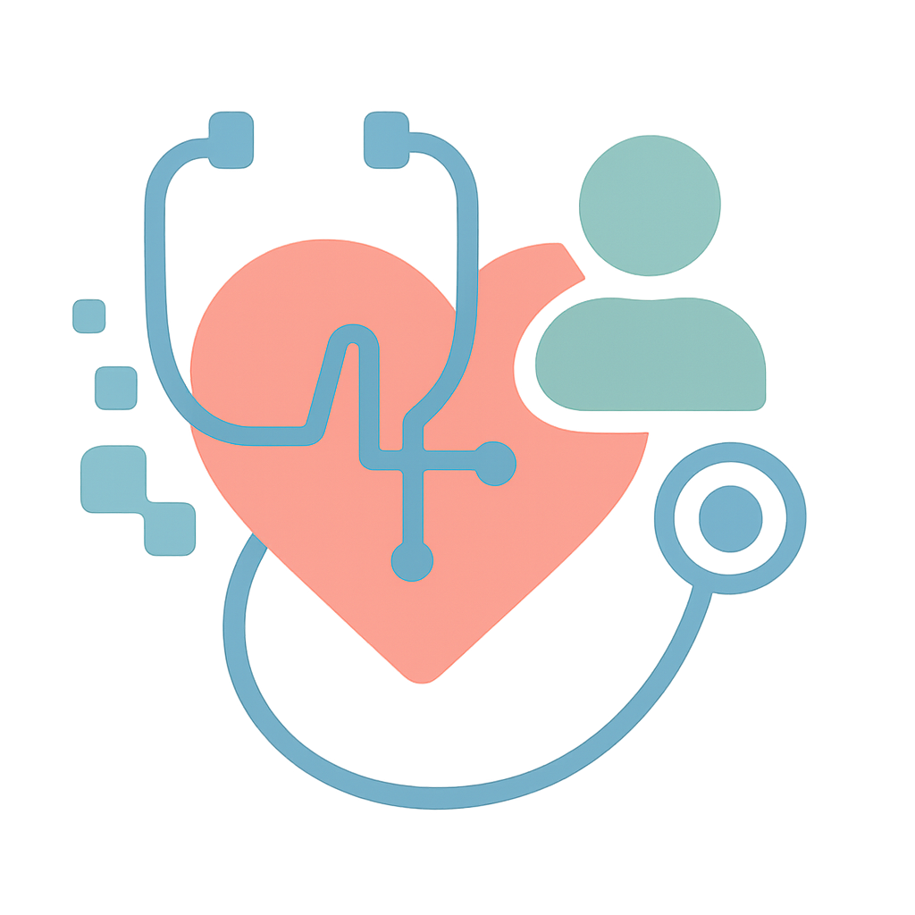Healthcare icon: stylized heart and stethoscope blending digital and human elements