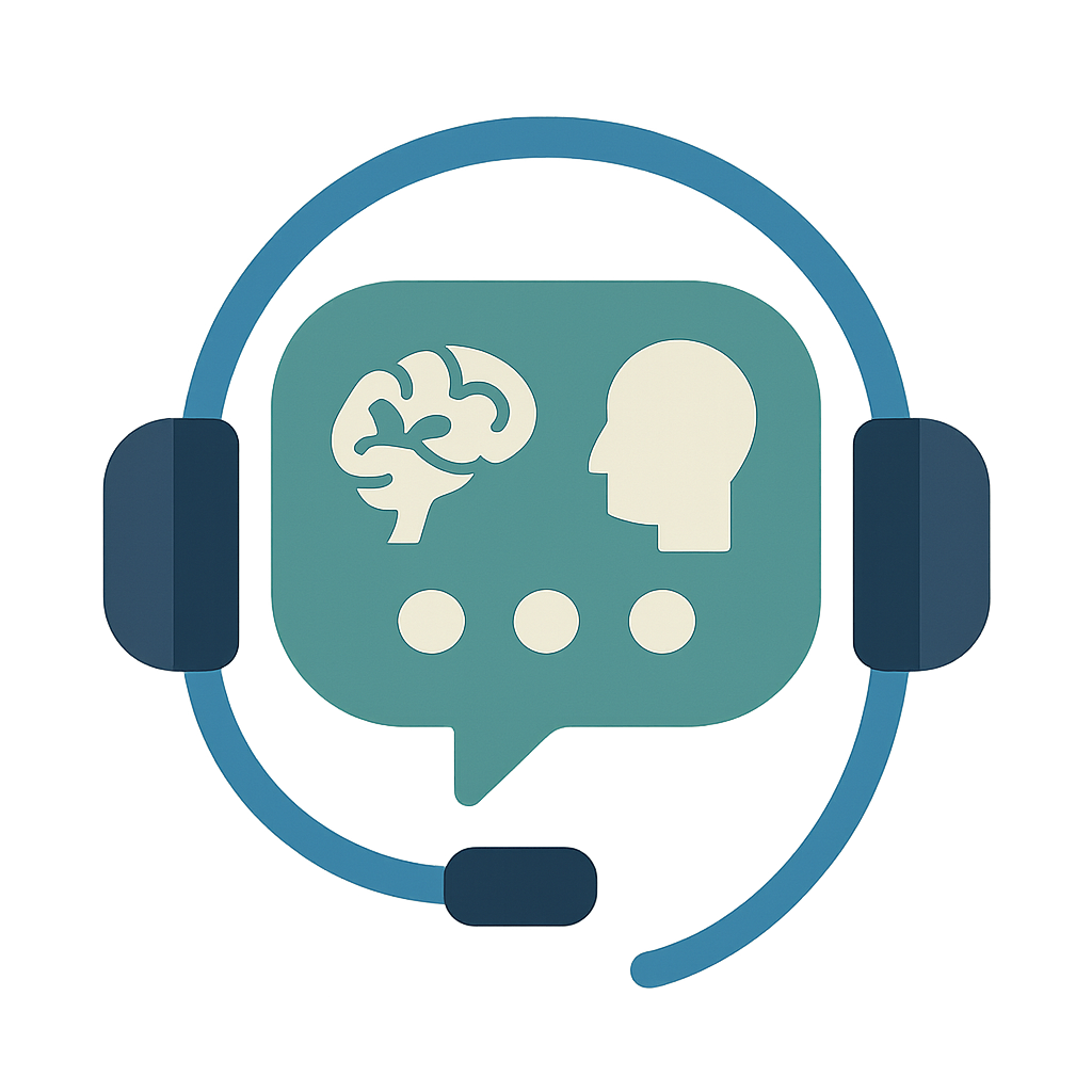 Telecom icon: digital headset and speech bubble, blending human and AI elements