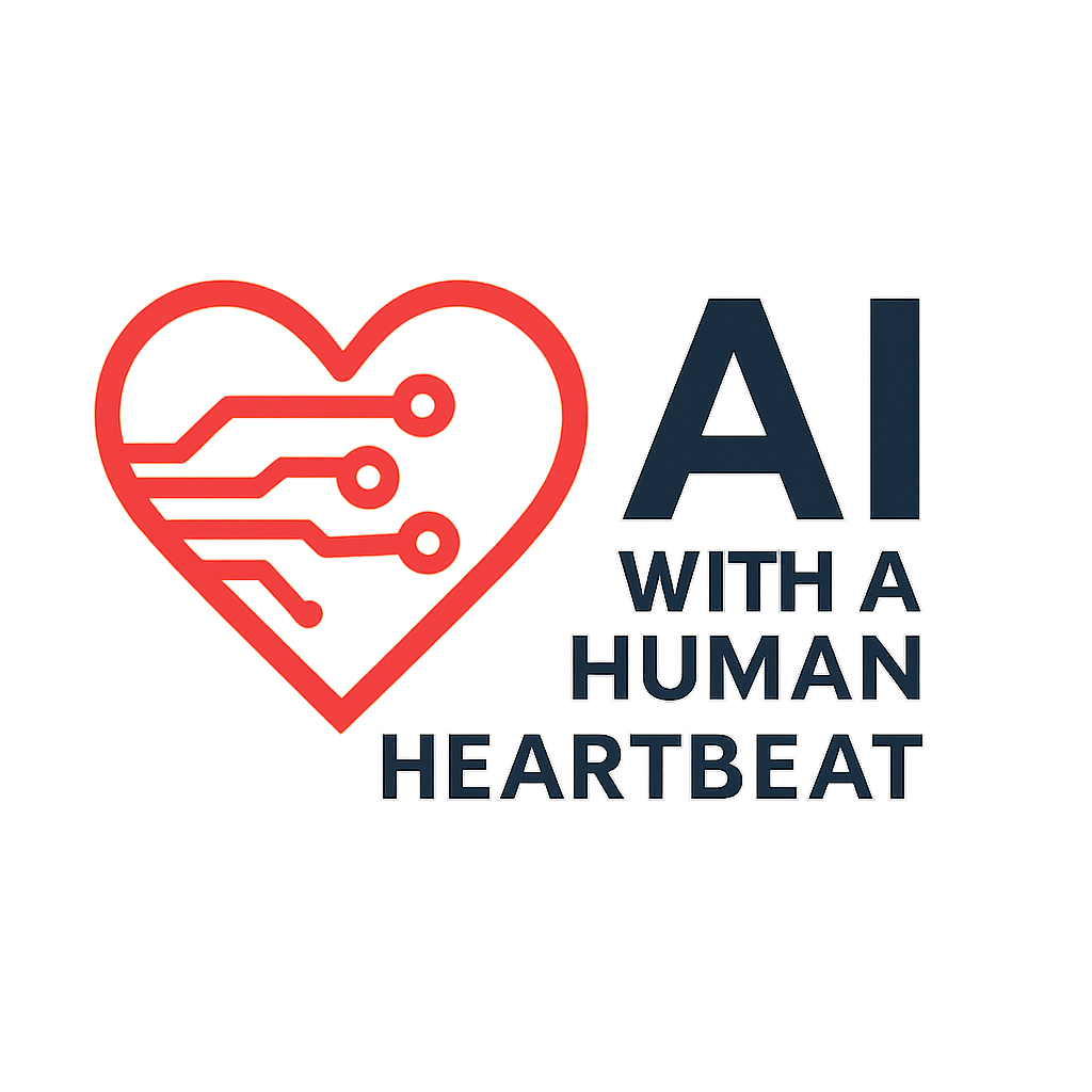 Logo for human-centered AI platform 'AI with a Human Heartbeat' — heart shape with digital circuit lines representing empathetic automation and human-AI collaboration