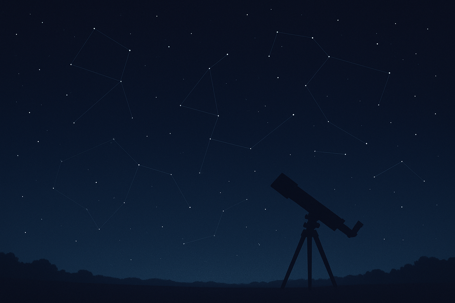 Serene deep-night sky with faint traced constellations, subtle telescope silhouettes, and a scientific star-map atmosphere