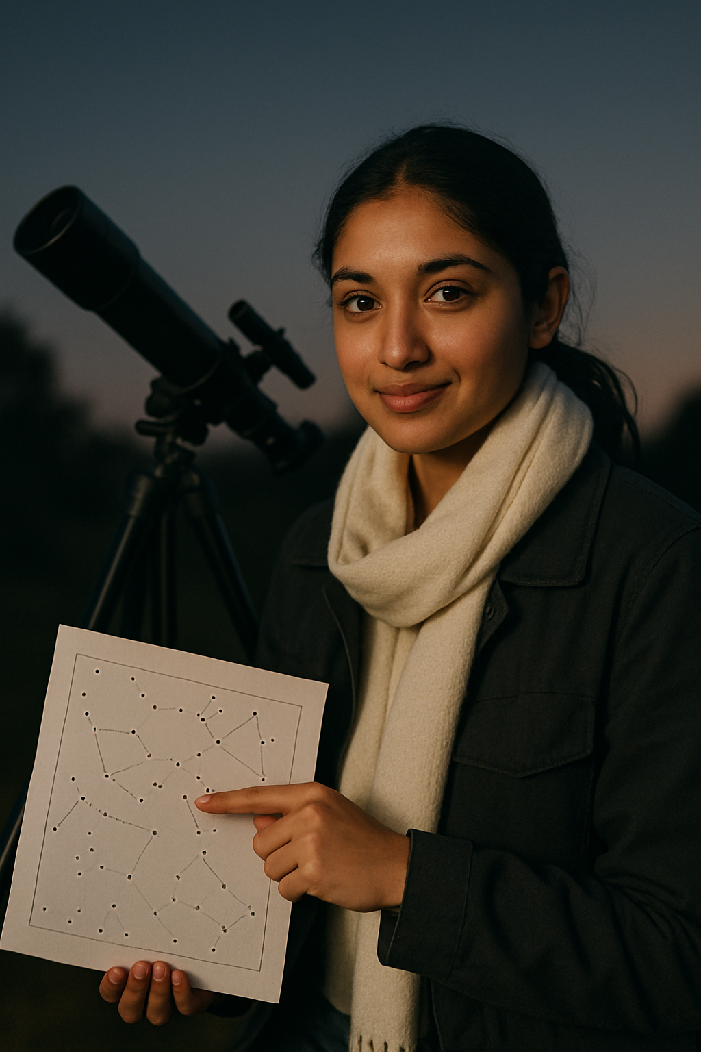 Portrait of Anika Desai wearing a cream scarf and pointing at a printed constellation chart near a tripod-mounted telescope in twilight