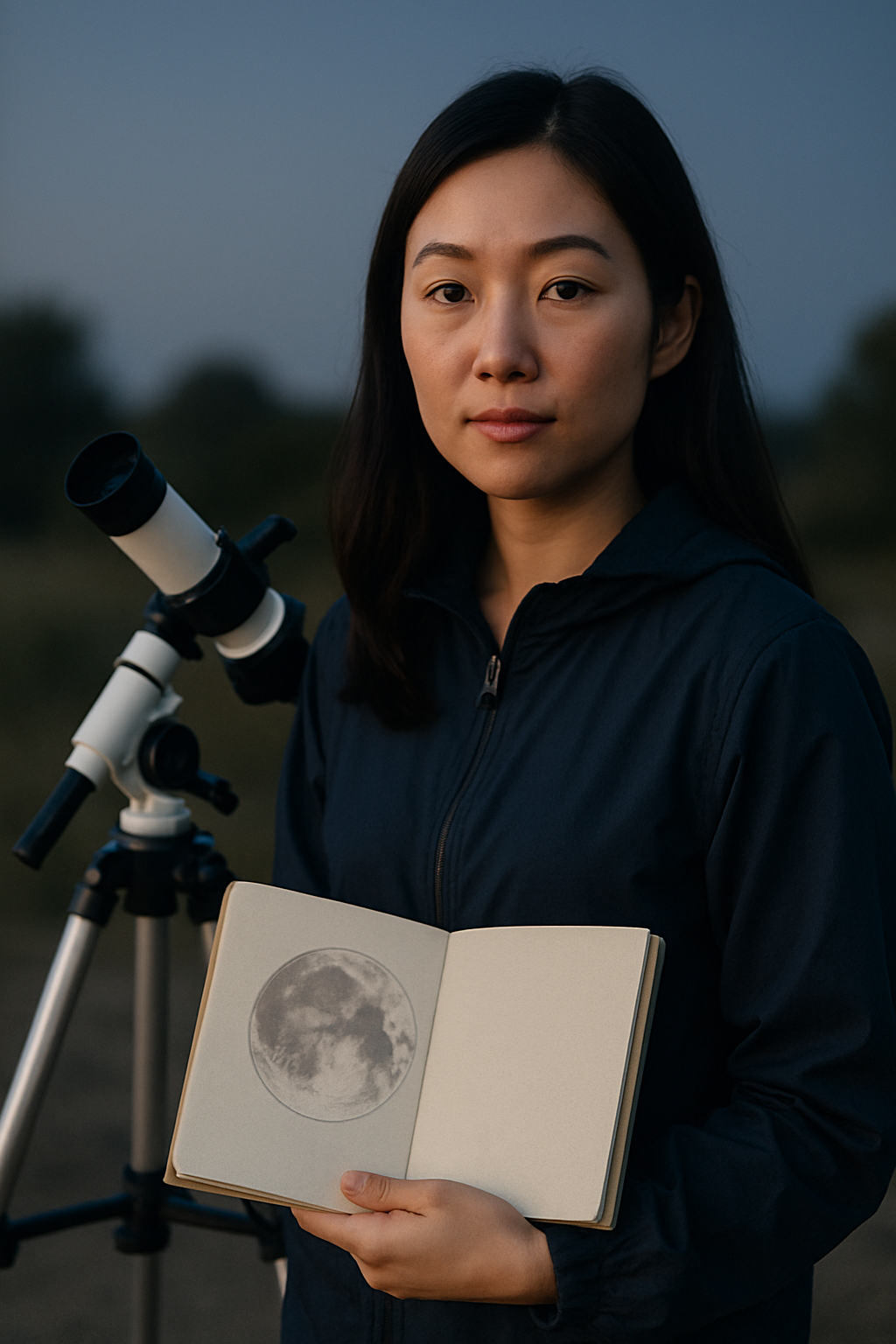 Portrait of Lina Park, a member in a navy jacket holding a lunar sketch notebook beside a small telescope under soft evening light