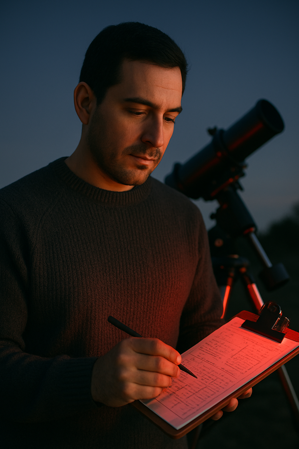 Portrait of Mateo Ruiz in a dark knit sweater checking a red-light clipboard with a reflector telescope in the background at dusk