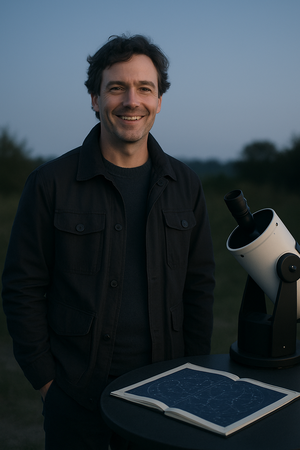 Portrait of Owen Clarke in a charcoal field jacket smiling beside a compact Dobsonian telescope and star map table in soft blue-hour light