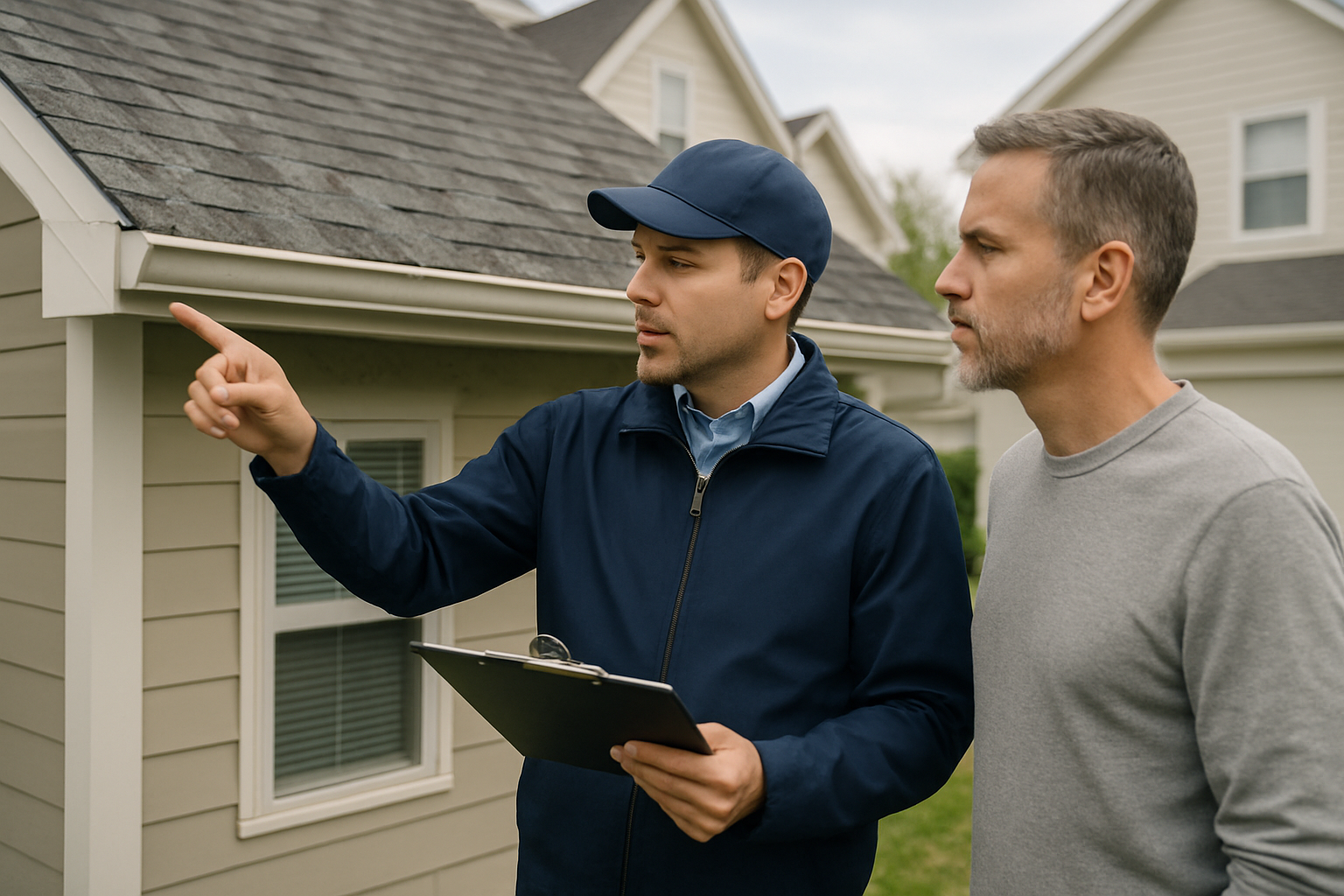 A professional roofing inspector in a navy jacket reviewing hail damage with a homeowner beside a suburban house