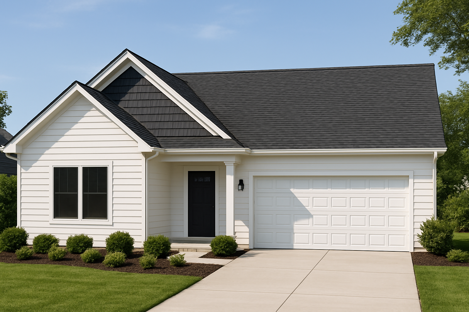 Modern single-story suburban home with a dark composite shingle roof and white siding under a bright, clear sky