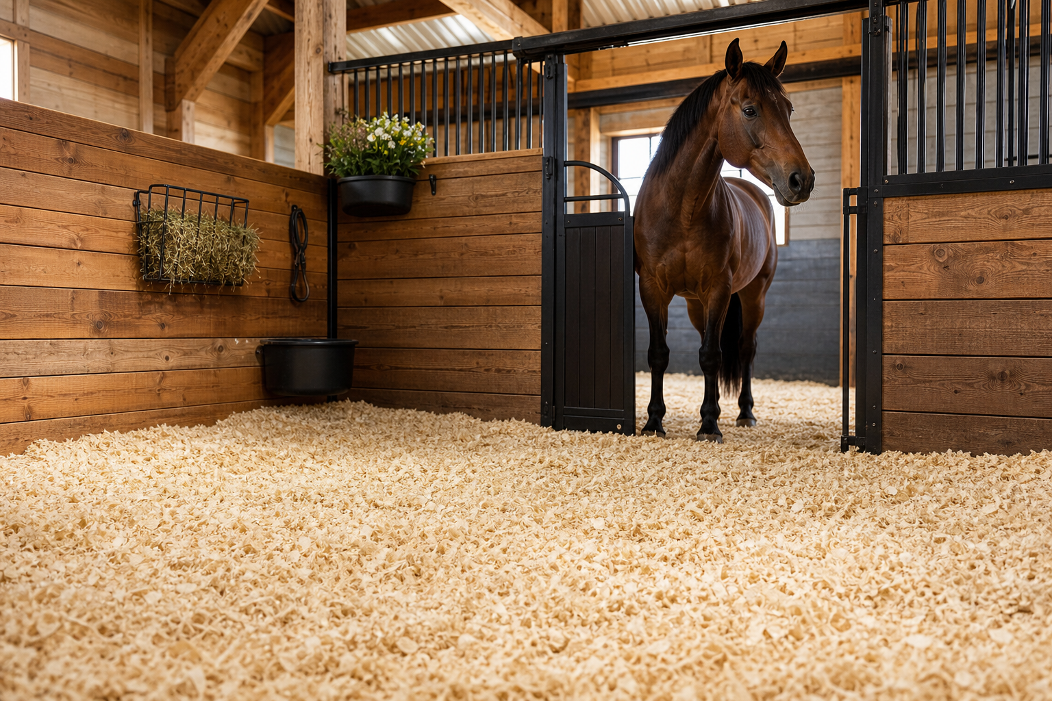 Clean horse stall with fresh pale wood shavings and soft morning light