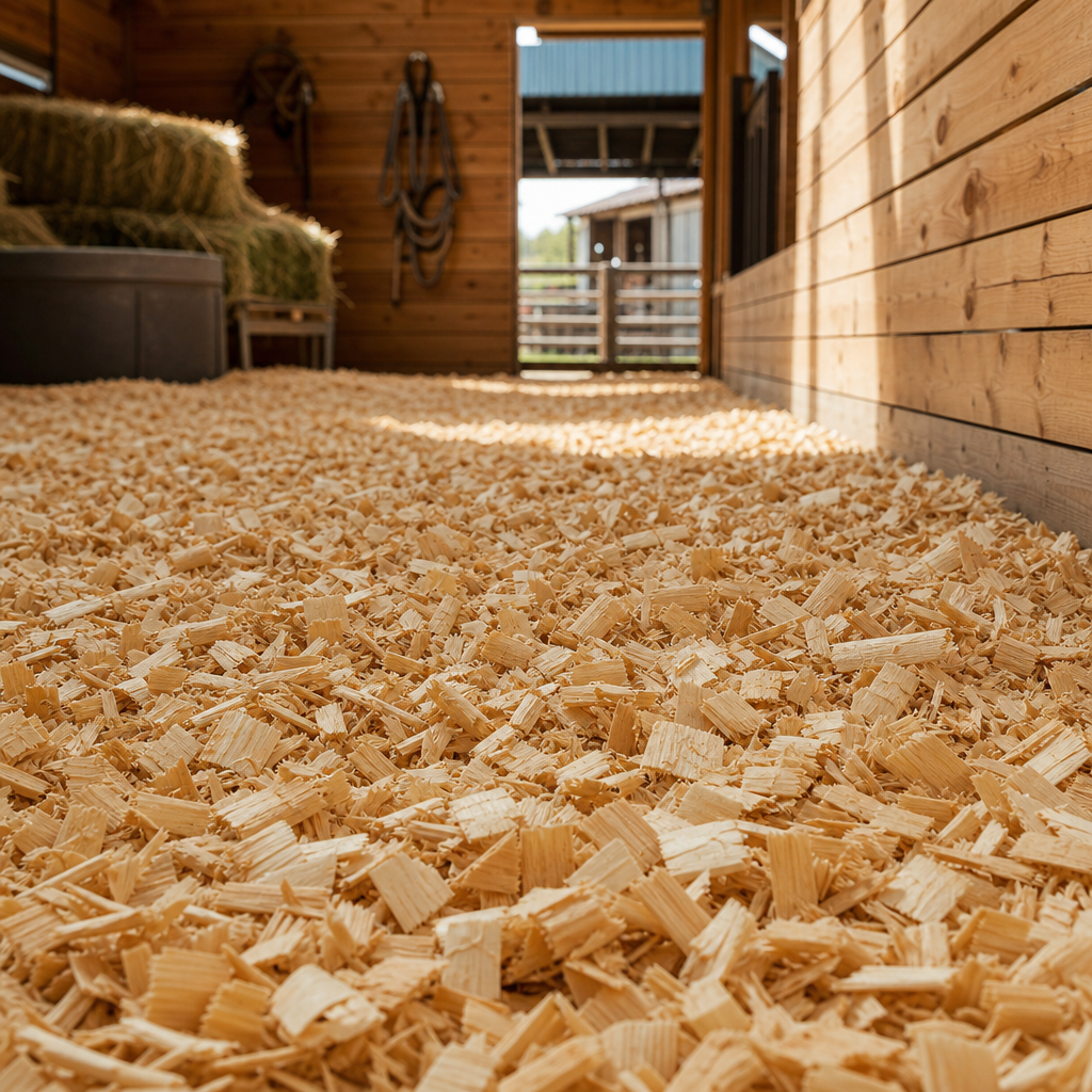 Warm morning light in a clean barn aisle with fresh pale wood shavings in open stalls and a calm chestnut horse nearby