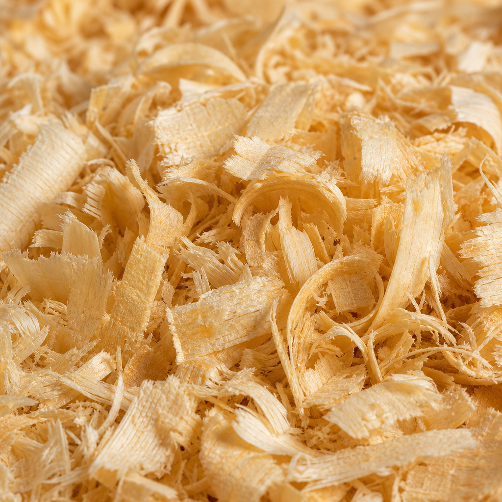 Close-up texture of light golden wood shavings used for premium animal bedding