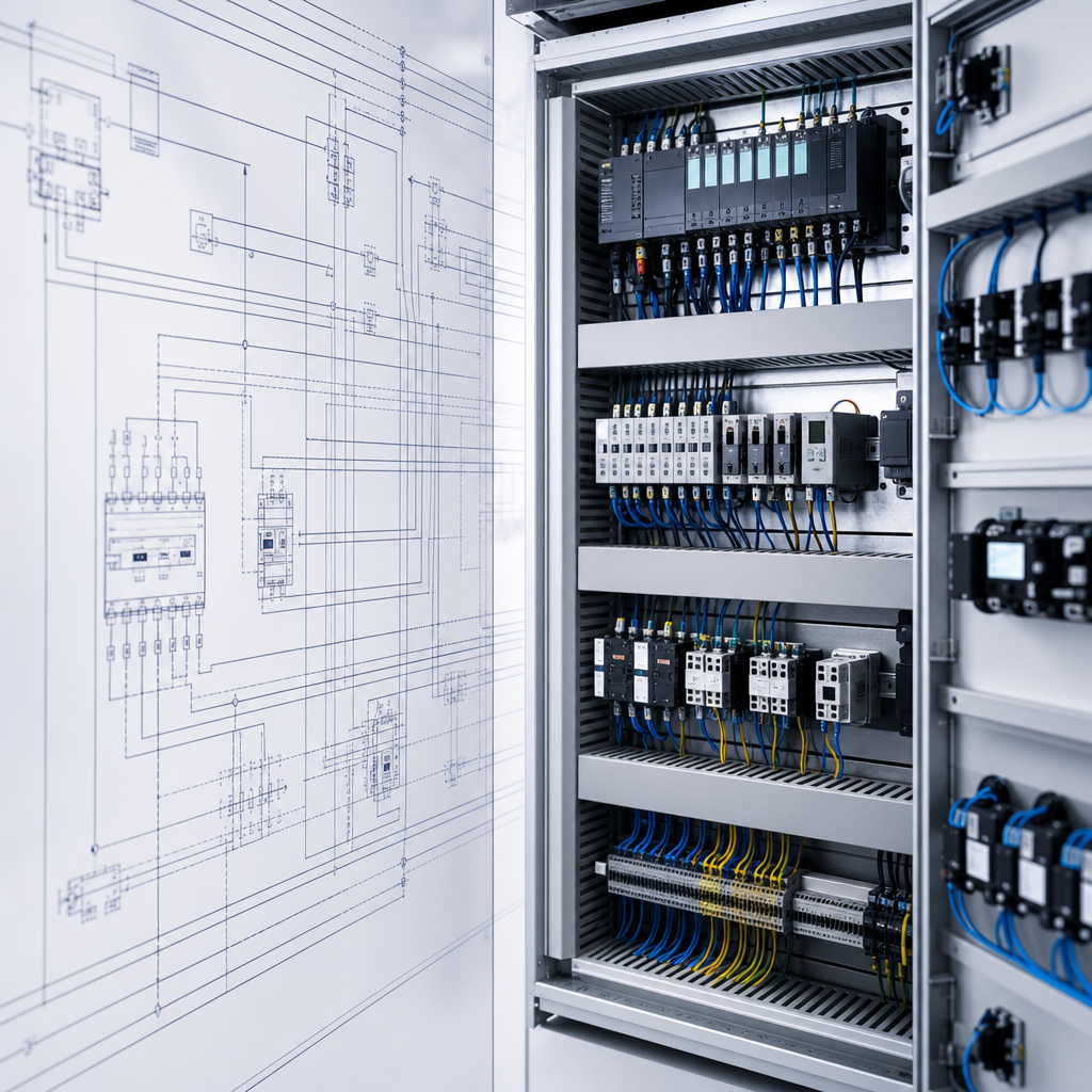 Technical engineering visual showing an LV control panel schematic beside an installed industrial control cabinet with labeled components and wiring paths