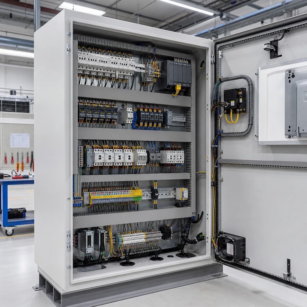 Professionally assembled LV electrical and HVAC control panel installation in a clean technical workshop, front three-quarter view