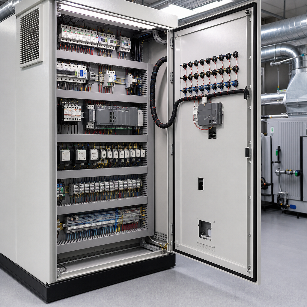 Professionally assembled LV electrical and HVAC control panel installation with labeled breakers, wiring ducts, and digital controllers in a clean technical room