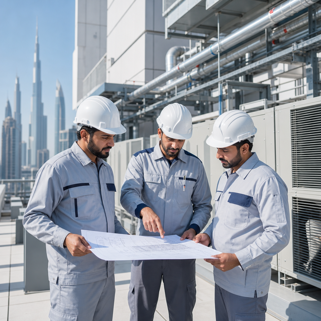 UAE engineering team reviewing HVAC plans beside modern mechanical equipment at a premium commercial site