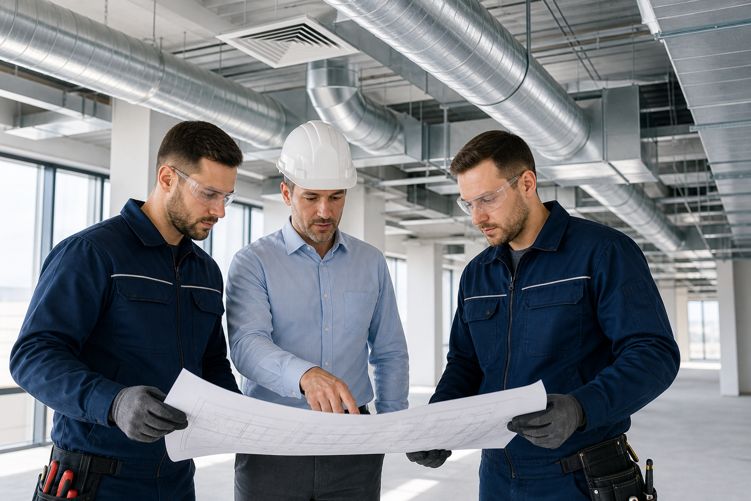 HVAC technicians and construction supervisor reviewing ductwork plans at a modern job site