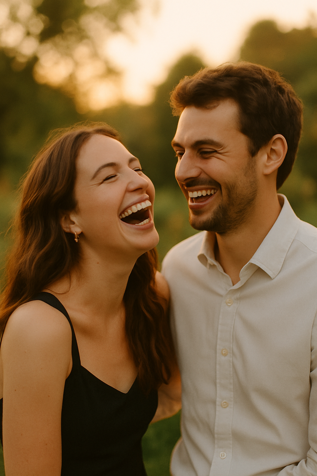 Candid photograph of couple laughing together during golden hour with natural, joyful expressions
