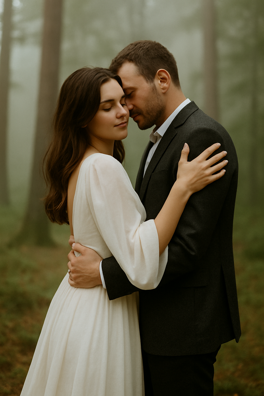 Engaged couple embracing in misty forest with soft natural light filtering through trees