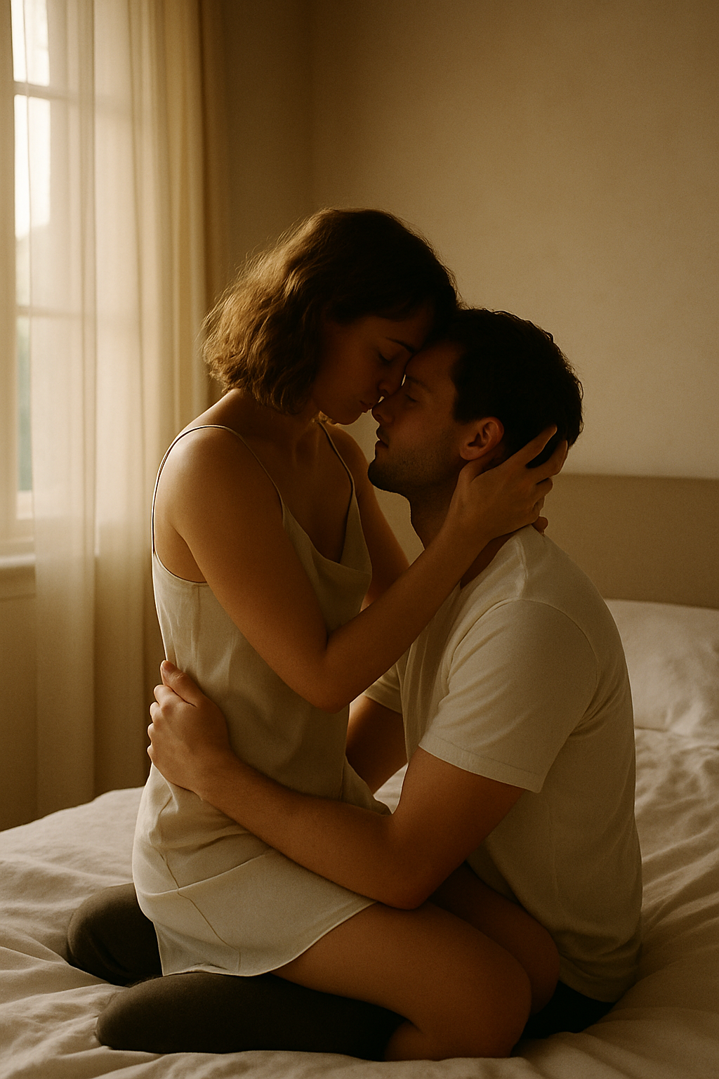 Couple in intimate moment during early morning light in bedroom setting with soft golden tones