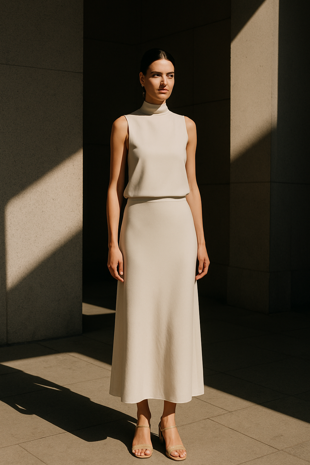 Model in elegant minimalist fashion clothing standing in urban architectural setting with dramatic shadows
