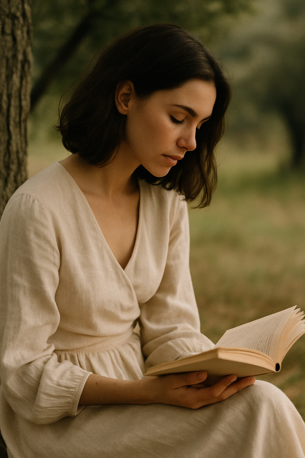 Lifestyle editorial photograph of woman in natural setting reading with contemplative mood and natural light